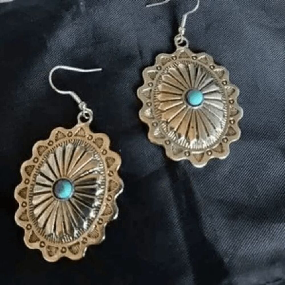 WESTERN BOHO SILVER TURQUOISE CONCHO DANGLE EARRINGS